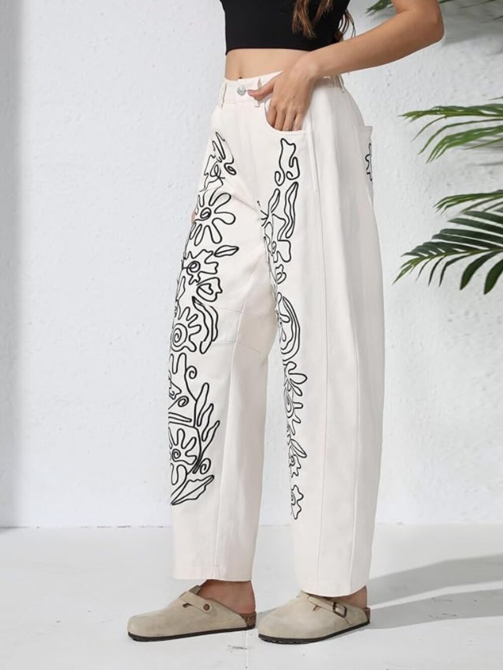 Women's Embroidered White and Cream Barrel Pants